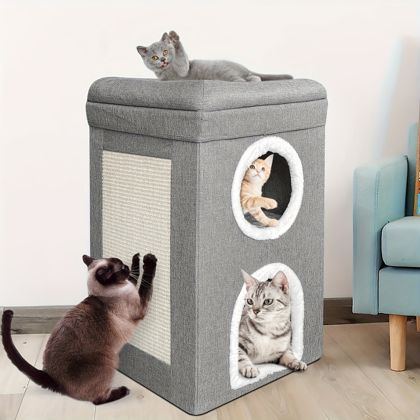 Maison pour Chat Grotte à Trois Étages Nid et Lit avec Planche de Griffoir