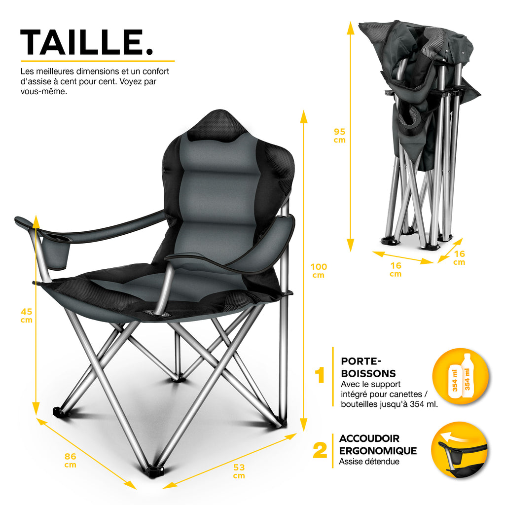 TRESKO® Chaise de camping pliable jusqu'à 150 kg | Chaise de pêche à dossier haut | Chaise pliante avec accoudoirs et porte-gobelet | Chaises de camping pliantes