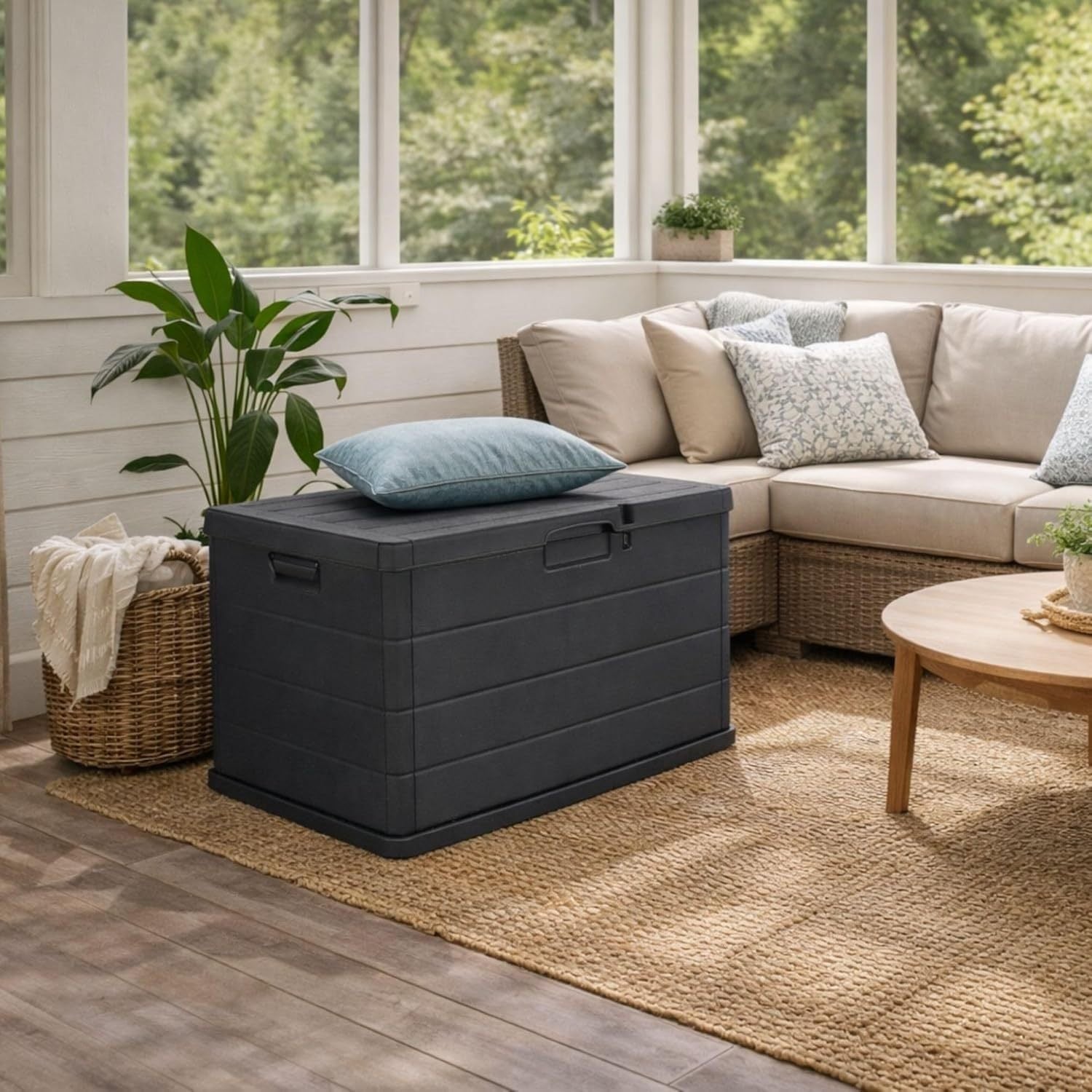 Coffre de jardin Buystar 170L en résine – Imperméable, facile à assembler – Couvercle verrouillable – 78x55x52 cm – Coffre d'extérieur anthracite léger et durable – Organiser, ranger