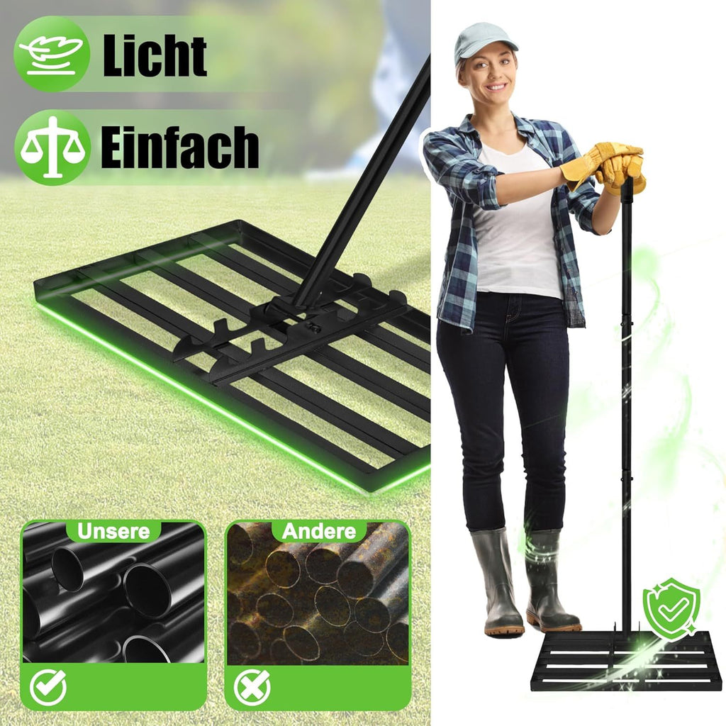 Râteau de pelouse en métal, grattoir de pelouse 25X50/25X75Cm, râteau de nivellement de pelouse avec manche réglable, nivelleur de surface pour golf, jardin, herbe, surface, noir