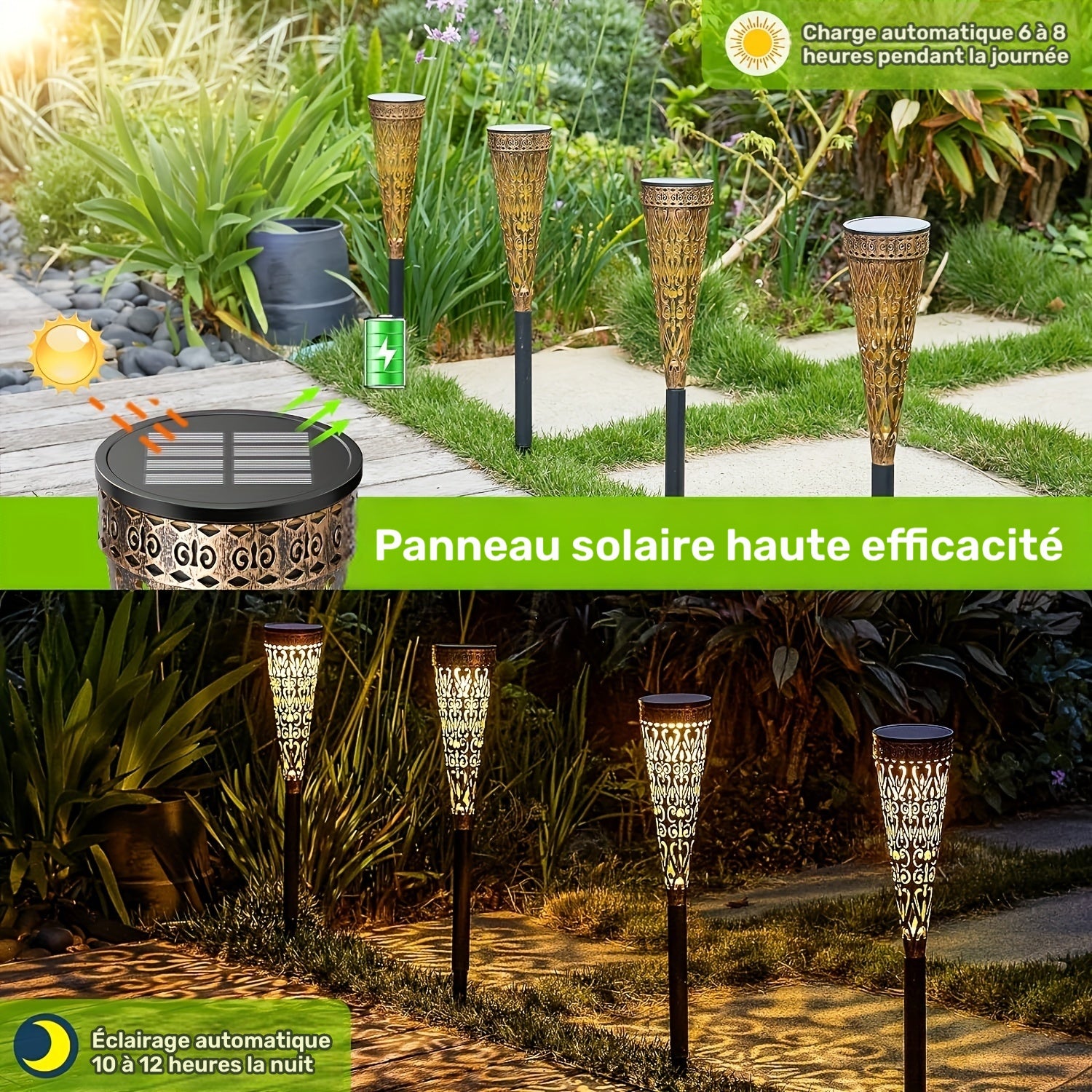 Lot de 4 Lampes Solaire LED Extérieures en Métal, IPX5, pour Jardin, Allée, Balcon, Terrasse, Pelouse et Décorations de Noël