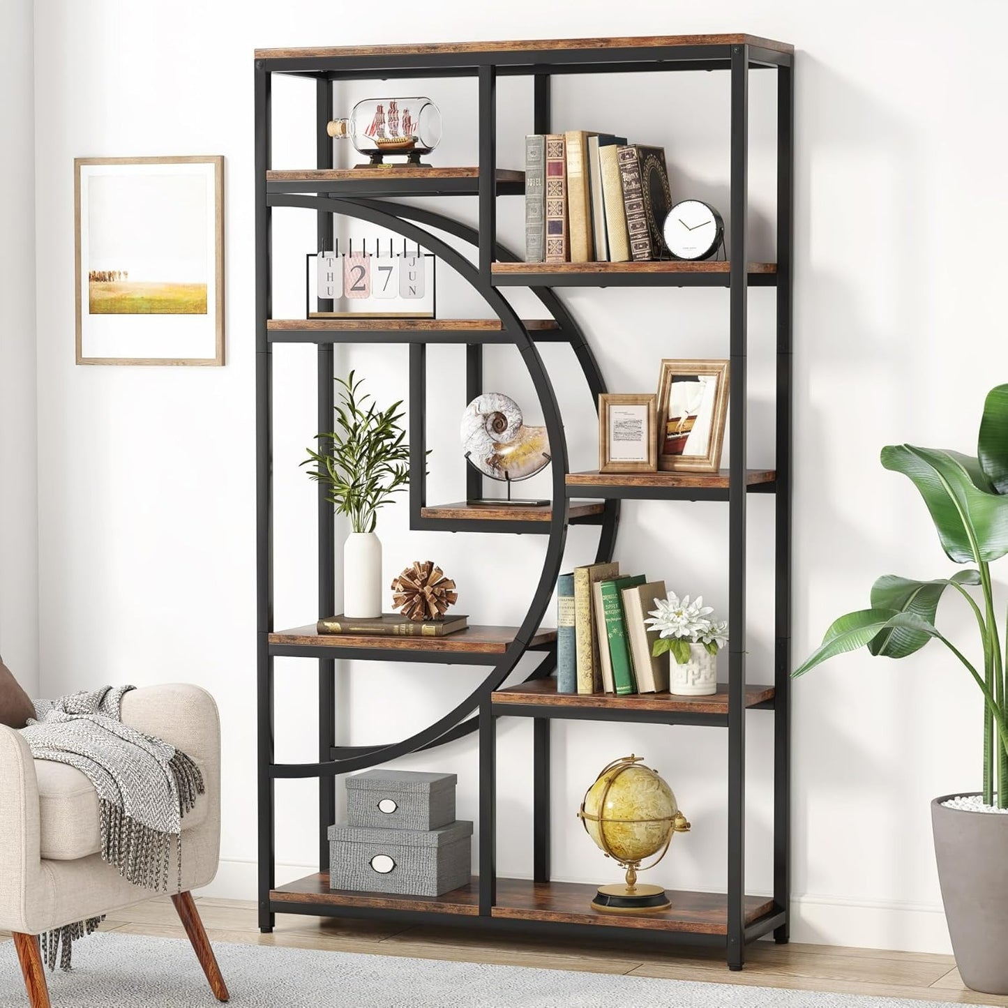 Étagère contemporaine à 5 niveaux, bibliothèques hautes indépendantes pour l'exposition et le rangement avec 9 étagères ouvertes, idéale pour le salon et les coffres de terrasse