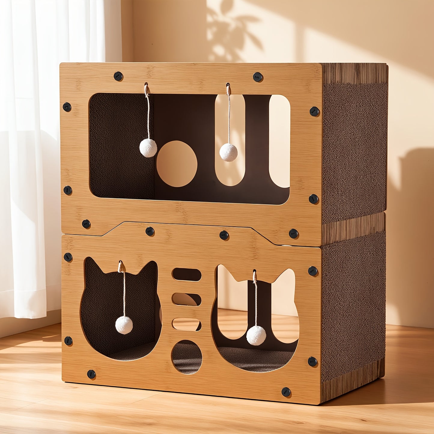 Grande maison pour chat avec poteaux à griffer, panier de transport et griffoir 3-en-1 en carton pour aiguiser les griffes, se cacher et se reposer, pompon intégré pour jouer, construction durable et robuste & facile à assembler, supporte jusqu'à 11 kg, c