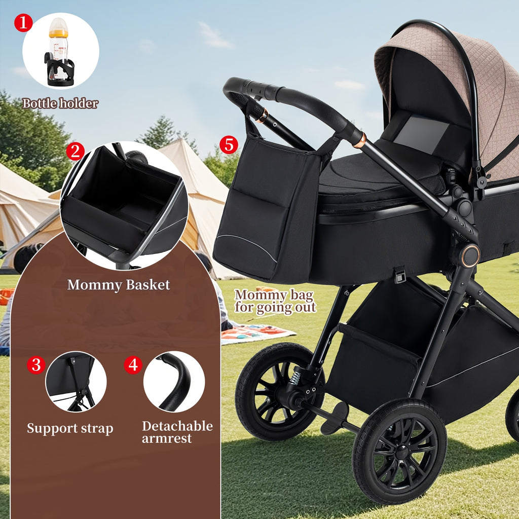 Poussette 3-en-1 Lit Bébé Ensemble Complet Poussette Pliante en Un Clic, Poussette Combi Cadre en Aluminium pour Nouveau-nés
