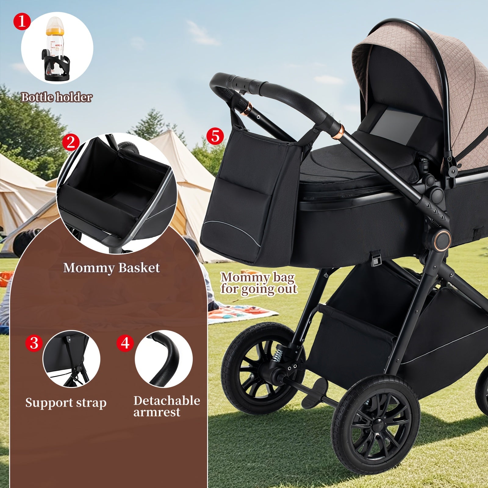 Poussette 3-en-1 Lit Bébé Ensemble Complet Poussette Pliante en Un Clic, Poussette Combi Cadre en Aluminium pour Nouveau-nés