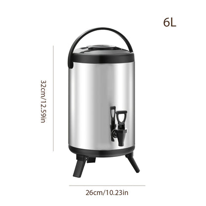 1 distributeur de thé isotherme en acier inoxydable de 6L avec poignée, seau à glace polyvalent pour boire à l'extérieur, seau thermique de grande capacité pour thé au lait, fond pliable pour usage commercial, idéal pour stocker de la bière, des boissons