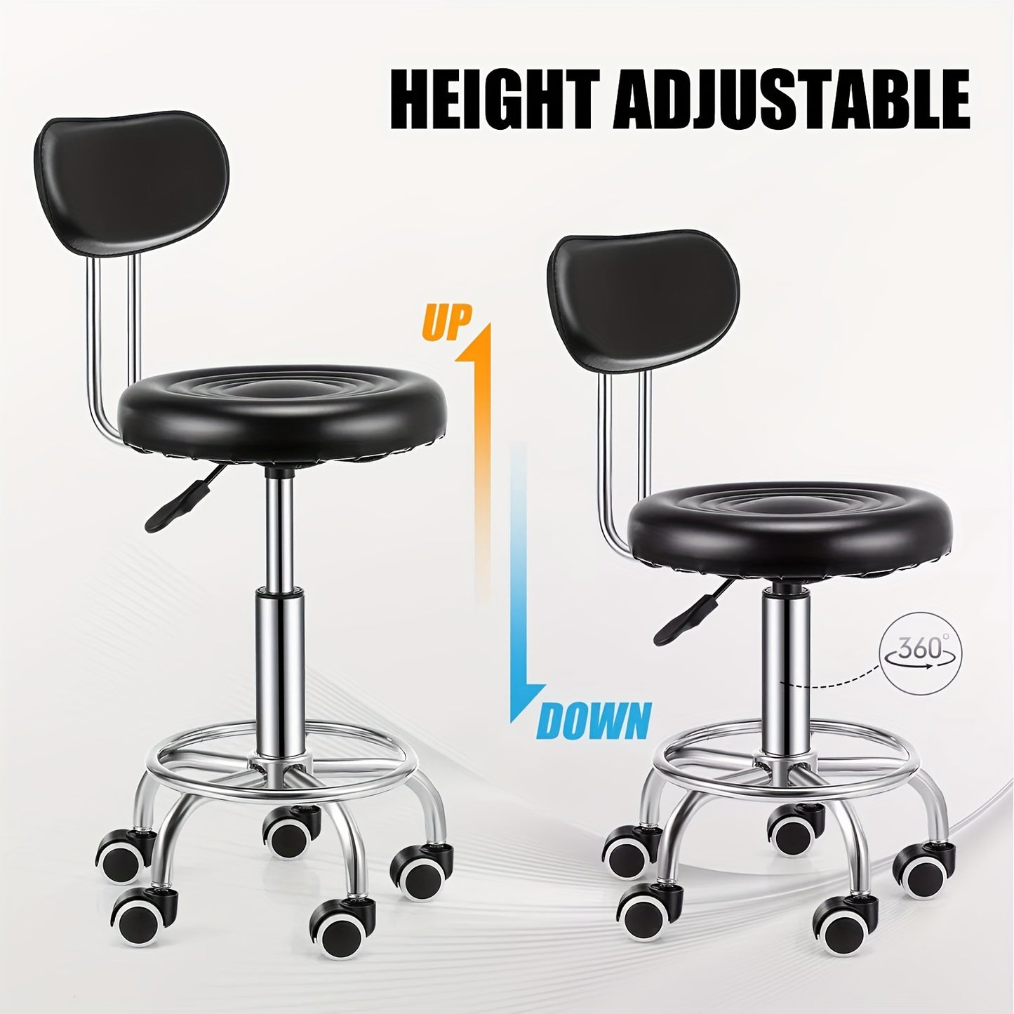 Tabouret de bar pivotant à hauteur réglable avec dossier, chaise métallique roulante hydraulique robuste de 181,44 kg pour cuisine, salon, bureau, massage et clinique
