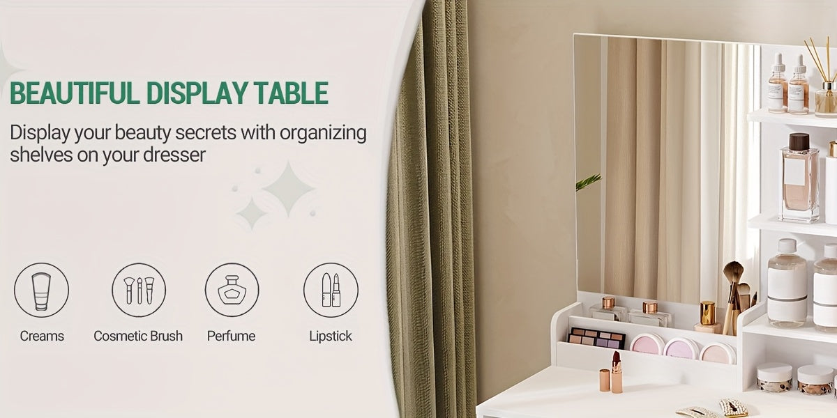 Table à toilette avec miroir, unité de toilette avec 4 étagères ouvertes et 2 compartiments, table à toilette avec 2 tiroirs, pour chambre à coucher, salon, ne comprend pas le tabouret