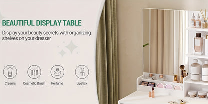 Table à toilette avec miroir, unité de toilette avec 4 étagères ouvertes et 2 compartiments, table à toilette avec 2 tiroirs, pour chambre à coucher, salon, ne comprend pas le tabouret