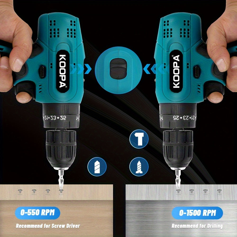 KOOPA TOOL Tournevis Électrique, Kit de Perceuse 21V, Tournevis de Perçage à 3 Niveaux de Couple 25, Équipé d'une Fonction de Perceuse à Impact et de Batterie Rechargeable, Adapté à une Boîte à Outils pour Toutes les Décorations Ménagères Quotidiennes
