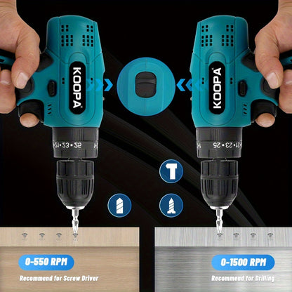 KOOPA TOOL Tournevis Électrique, Kit de Perceuse 21V, Tournevis de Perçage à 3 Niveaux de Couple 25, Équipé d'une Fonction de Perceuse à Impact et de Batterie Rechargeable, Adapté à une Boîte à Outils pour Toutes les Décorations Ménagères Quotidiennes