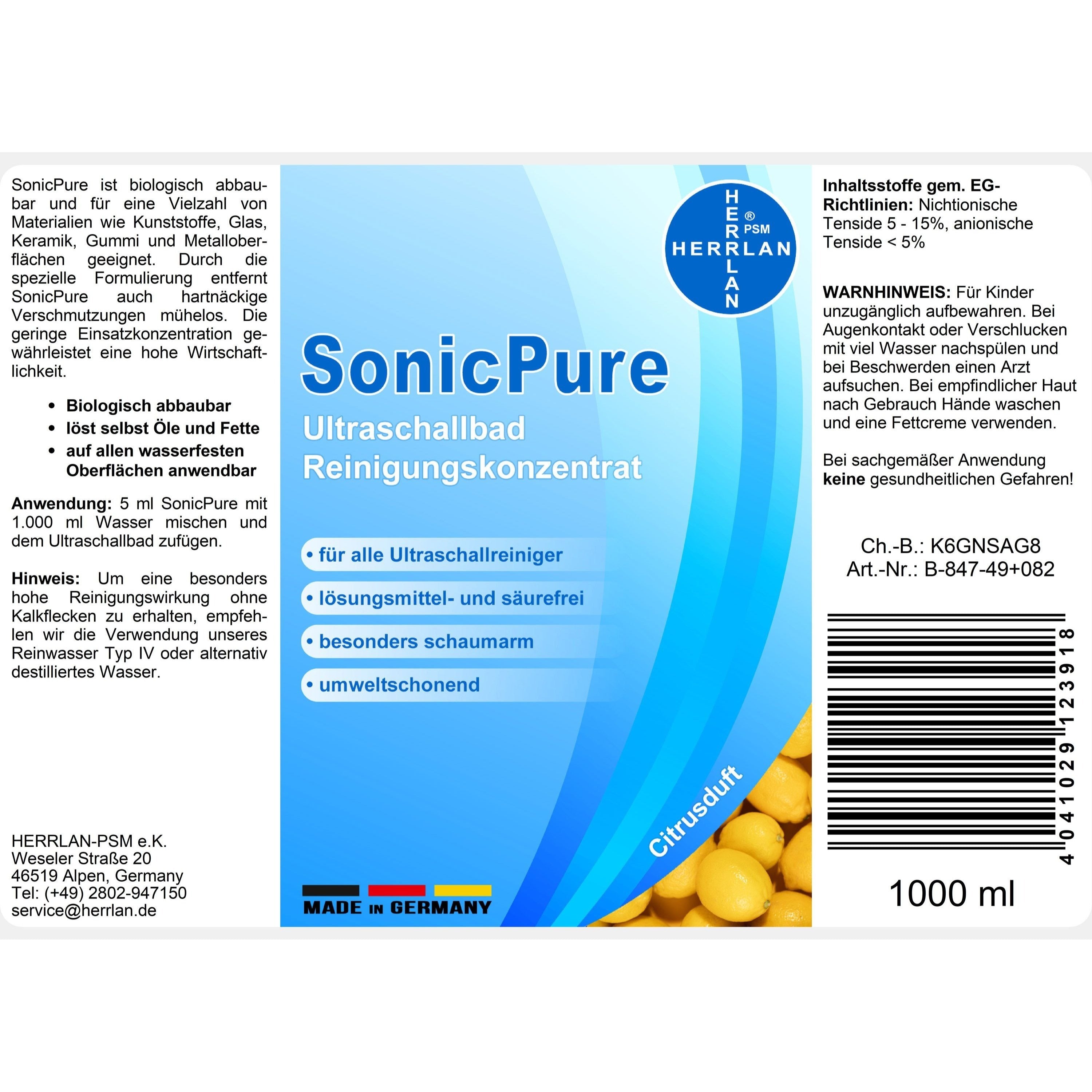 HERRLAN® SonicPure Concentré de Nettoyage Ultrasonique 1000 ml - Concentré Liquide pour Nettoyeurs Ultrasoniques et Étuis à Lunettes - Fabriqué en Allemagne