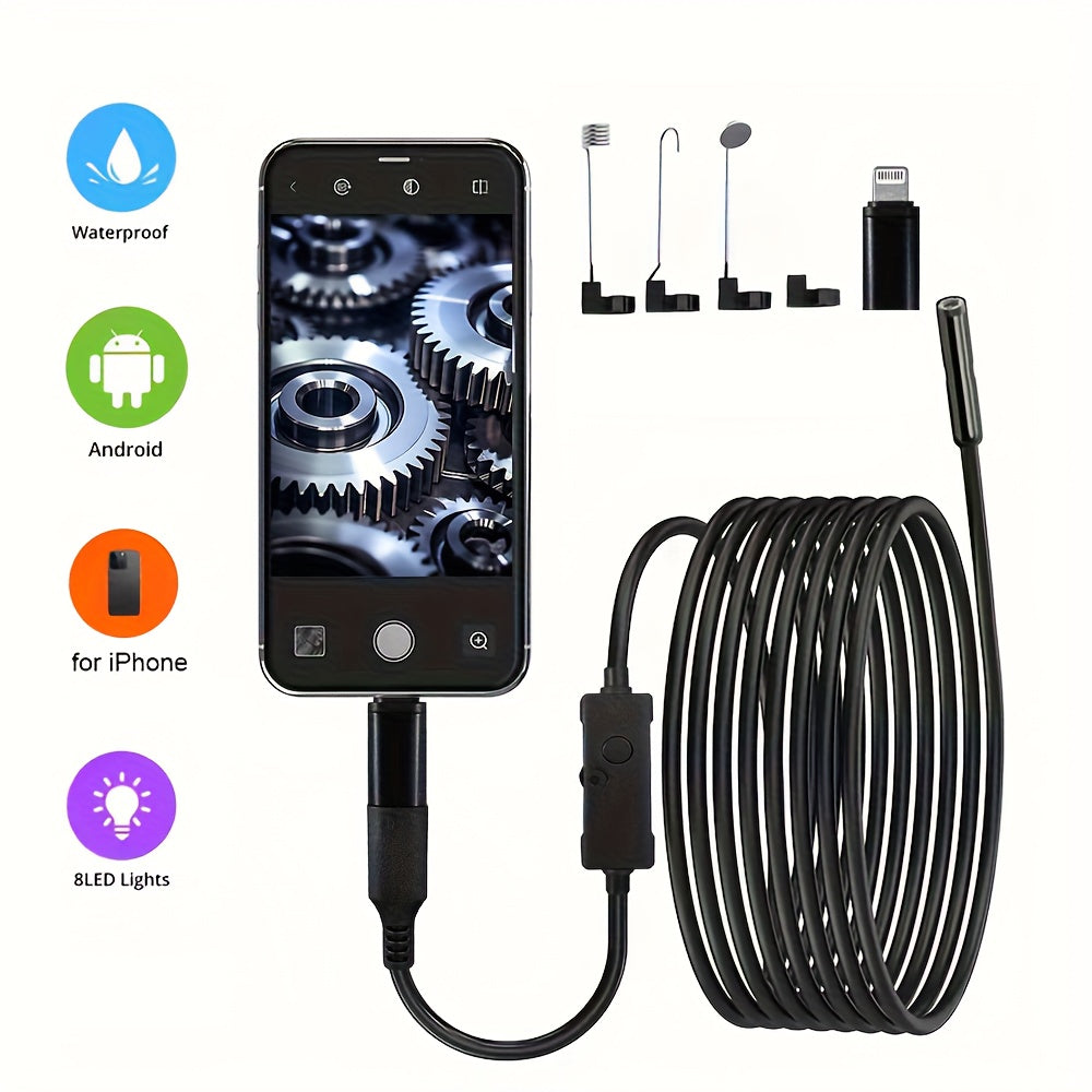 L'endoscope industriel est doté de 8 lumières LED, un outil haute définition pour l'inspection des tuyaux, une classification IP67, et est livré avec des câbles fixes disponibles en longueurs de 1M, 5M ou 10M. Il est compatible avec les smartphones iOS et