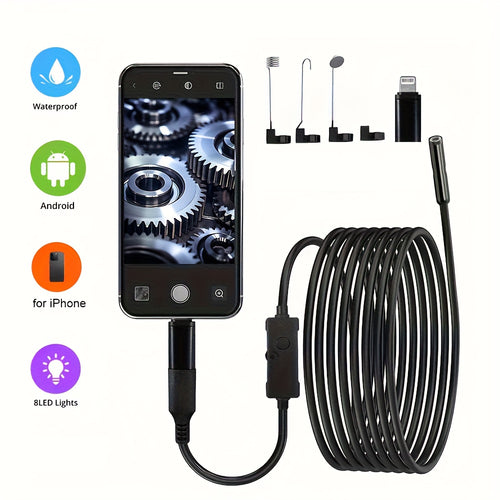L'endoscope industriel est doté de 8 lumières LED, un outil haute définition pour l'inspection des tuyaux, une classification IP67, et est livré avec des câbles fixes disponibles en longueurs de 1M, 5M ou 10M. Il est compatible avec les smartphones iOS et