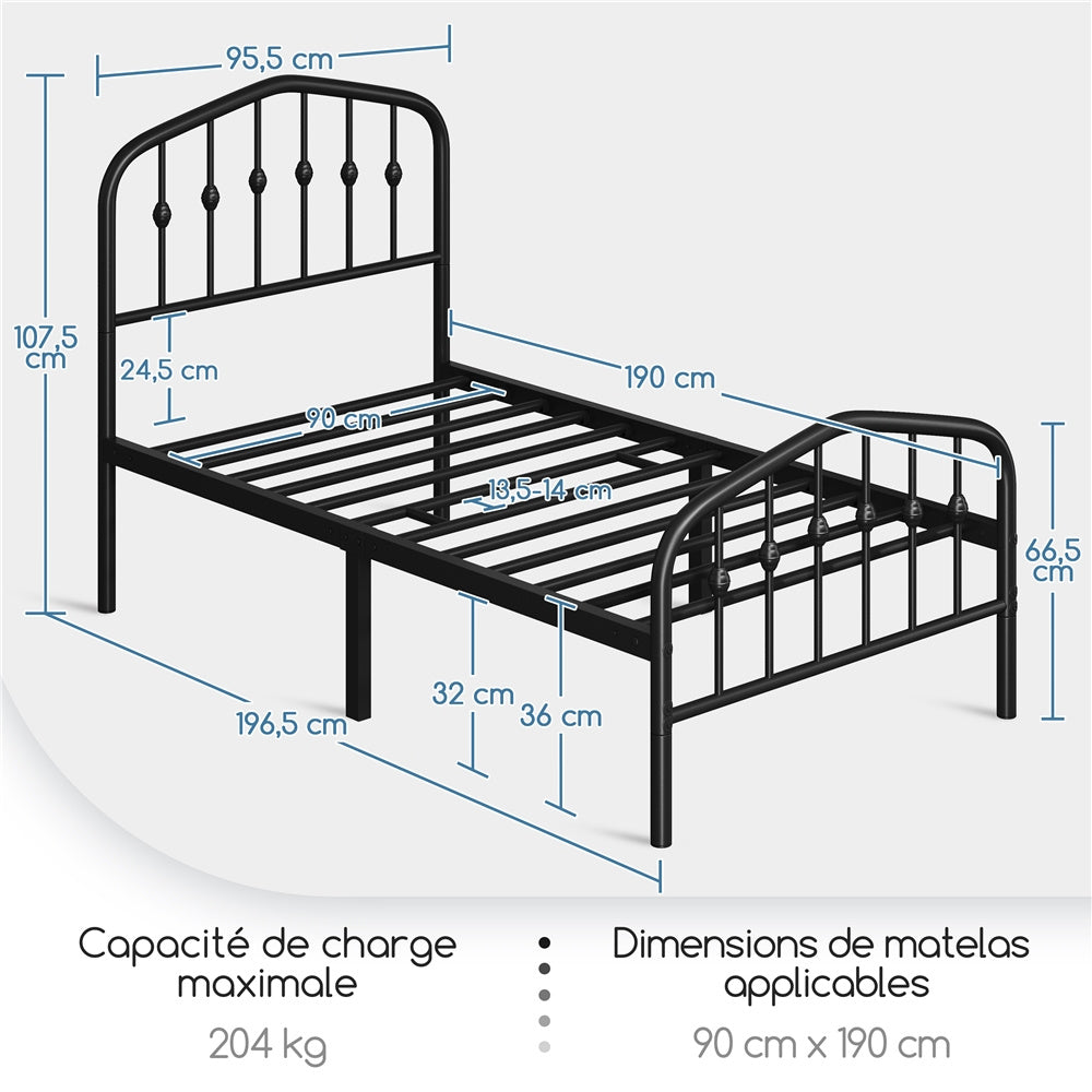 Costoffs Cadre de Lit Double en Métal Moderne - Avec Sommier à Lattes Métalliques - Espace de Rangement Sous-lit - Idéal pour Chambre, Dortoir ou Appoint - Style Industriel Intemporel