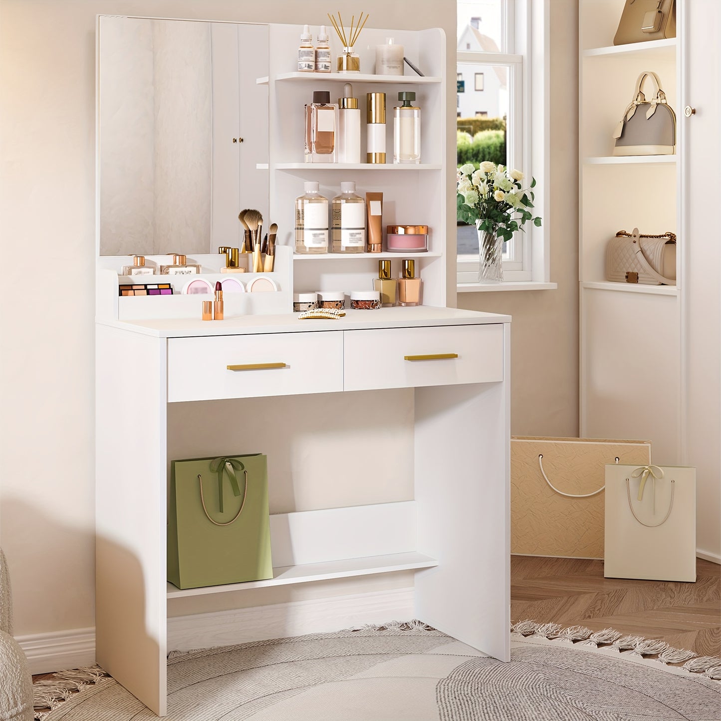 Bureau à vanité avec miroir, un meuble avec quatre étagères ouvertes et deux compartiments, ainsi que deux tiroirs, idéal pour la chambre ou le salon, couleur blanc