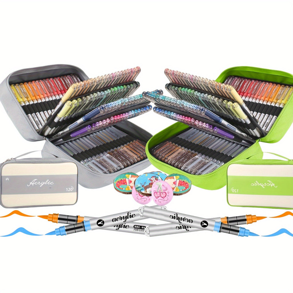 Lot de 120 couleurs, stylo acrylique double pointe avec pinceau et pointe fine pour bois, toile, pierre, verre, céramique, artisanat