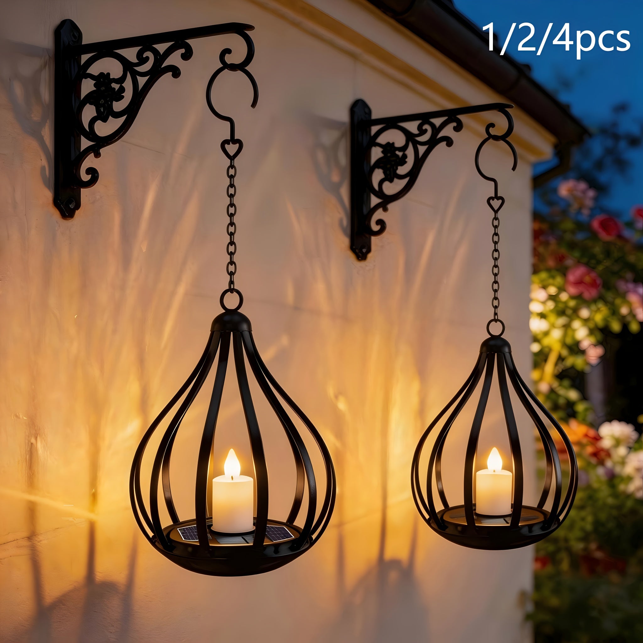 Lanternes suspendues solaires, lampes style bougie avec effet de clignotement LED, adaptées aux tables à manger, jardins, pelouses et décorations de fêtes en plein air, 1/2/4 pièces