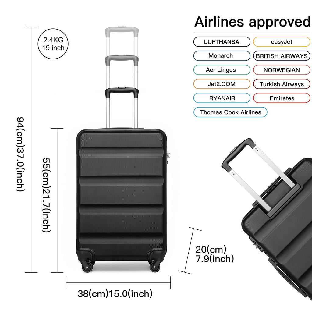3pièces Ensemble de valises noires, design horizontal, malle rigide en ABS avec verrouillage TSA et roue rotative