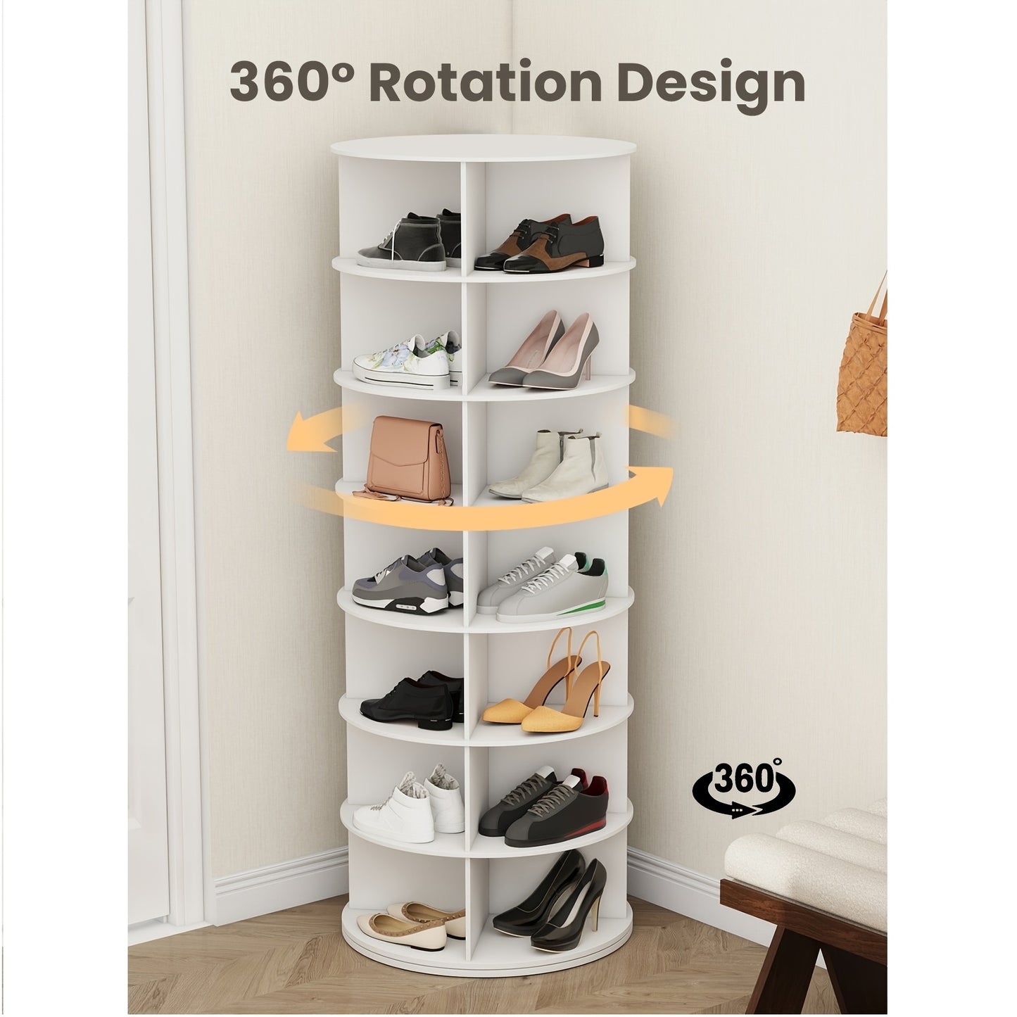 à chaussures rotative 5/6/7 niveaux pour 20/24/28 chaussures, présentoir rotatif à 360°, organisateur Lazy Susan blanc, étagère à chaussures, carrousel de rangement rond vertical pour chapeaux et sacs à main