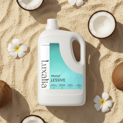 Lessive Monoï 5 Litres - Sans Conservateurs MIT / BIT / CMIT - Fleur de Tiaré & Noix de Coco - Jusqu'à 200 Lavages - Efficace à Froid & Cycle Court - Luxalia