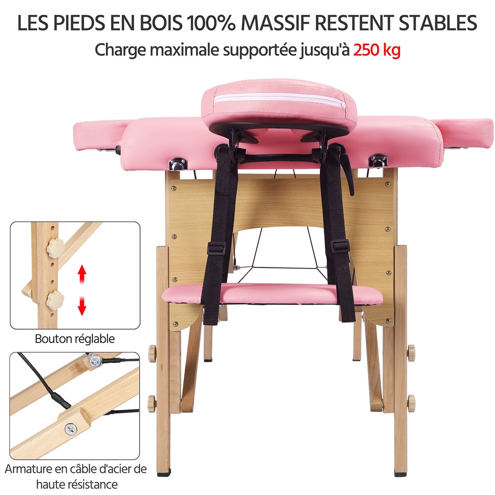 Costoffs Table de Massage Professionnelle 3 Sections Pliable - Hauteur Réglable (8 Niveaux) - Structure en Bois de Hêtre Rose Massif 250kg - Avec Dossier/Têtière/Repose-bras - Pour Clinique, Domicile, Salon de Beauté & Spa