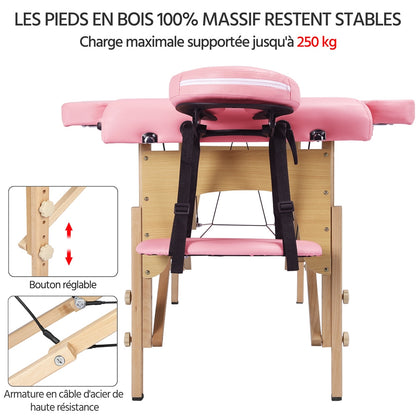 Costoffs Table de Massage Professionnelle 3 Sections Pliable - Hauteur Réglable (8 Niveaux) - Structure en Bois de Hêtre Rose Massif 250kg - Avec Dossier/Têtière/Repose-bras - Pour Clinique, Domicile, Salon de Beauté & Spa