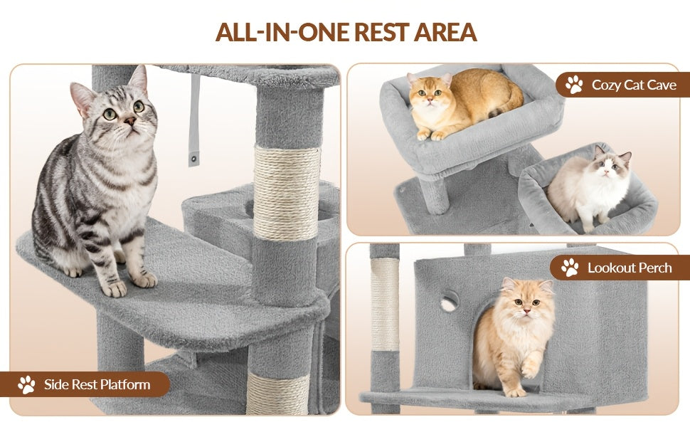 Fobyfurny Arbre à Chat Tour, Arbre à Chat 178cm pour Chats d'Intérieur, Cadre d'Escalade pour Chat Multi-Niveaux avec Griffoirs, Planche à Gratter, 2 Condos Confortables, 2 Perchoirs, Pompons, Place de Repos