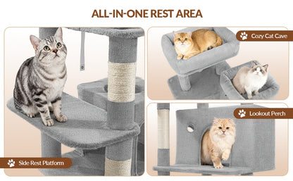 Fobyfurny Arbre à Chat Tour, Arbre à Chat 178cm pour Chats d'Intérieur, Cadre d'Escalade pour Chat Multi-Niveaux avec Griffoirs, Planche à Gratter, 2 Condos Confortables, 2 Perchoirs, Pompons, Place de Repos