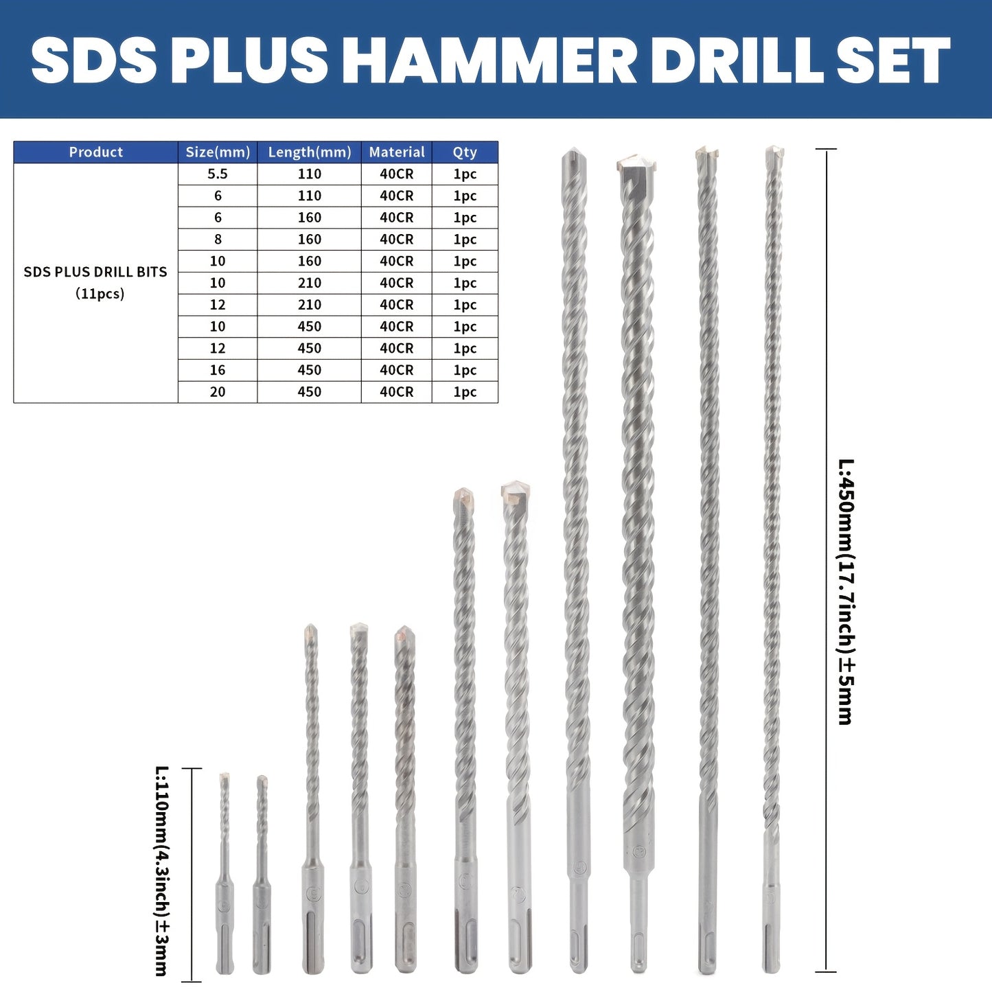 11 pièces Set de Forets Marteau SDS PULS, Forets SDS Plus pour Béton, Maçonnerie, Pierre, Brique, avec Boîte de Rangement Portable, 110mm/160mm/210mm/450mm Longueur