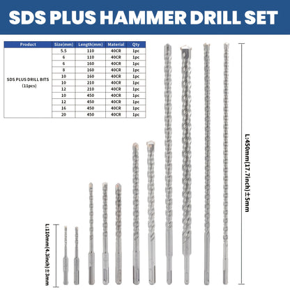 11 pièces Set de Forets Marteau SDS PULS, Forets SDS Plus pour Béton, Maçonnerie, Pierre, Brique, avec Boîte de Rangement Portable, 110mm/160mm/210mm/450mm Longueur