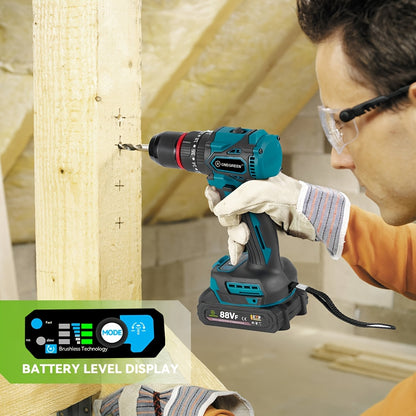 Perceuse Sans Fil Puissante - Moteur Sans Balais 1000W, 25 Vitesses, Multifonction (Visseuse/Perceuse/Marteau Perforateur) pour Bois, Mur, Béton, Vitesse Variable et Prise Type