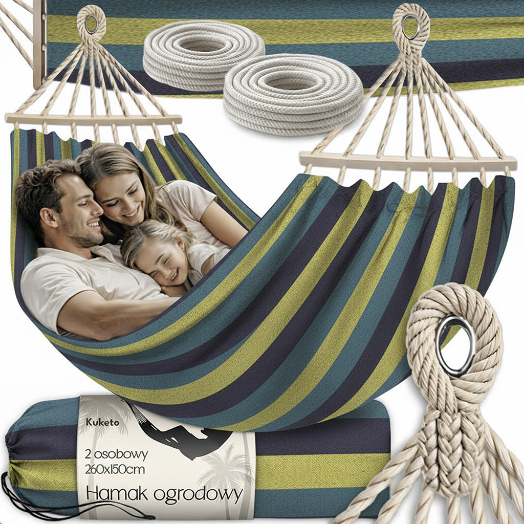 Fauteuil Suspendu - Hamac de Jardin 2 Personnes 260X150 Cm XXL avec Barre en Bois Hamac Touristique avec Housse pour Balcon, Terrasse, Jardin, Matériau Robuste Polyester Hamac Stable et Durable pour Relaxation, Camping, Voyage, Balançoire de Jardin, Grand