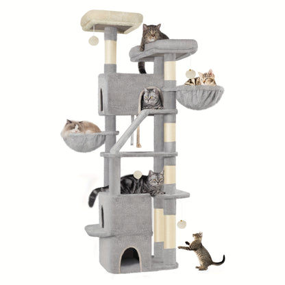 Grand Griffoir pour Chat 185 cm Stable avec 6 Poteaux à Griffer, 3 Grotto, 2 Plateformes d'Observation, 2 Paniers, 4 Balles en Peluche, Griffoir Multiniveau pour Chat
