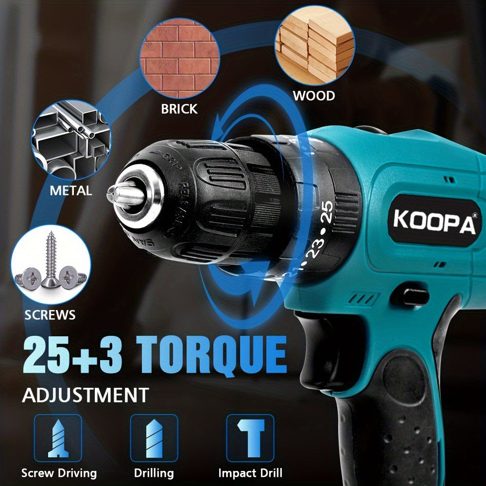 KOOPA TOOL Tournevis Électrique, Kit de Perceuse 21V, Tournevis de Perçage à 3 Niveaux de Couple 25, Équipé d'une Fonction de Perceuse à Impact et de Batterie Rechargeable, Adapté à une Boîte à Outils pour Toutes les Décorations Ménagères Quotidiennes