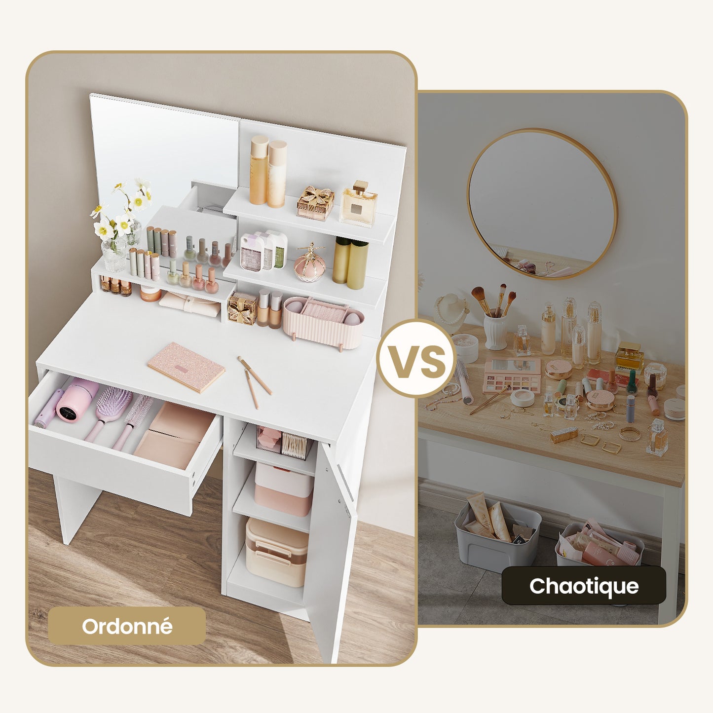 Coiffeuse avec Miroir, 1 tiroir, 2 étagères, SANS TABOURET, 80 x 40 x 132 cm, Placard de Rangement, Organisateur de Maquillage, Blanc