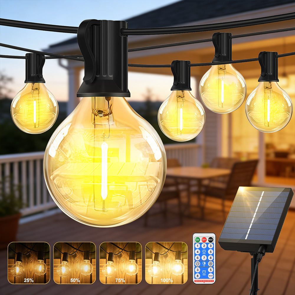 Guirlande Lumineuse Solaire d'Extérieur, 15,25M/20,13M/30,49M, Lumières LED pour Terrasse, Minuterie à Intensité Variable, 8 Modes d'Éclairage Réglables, Lumière Blanc Chaud Réglable, pour Jardin, Cour, Tonnelle, Porche, Fête, Mariage