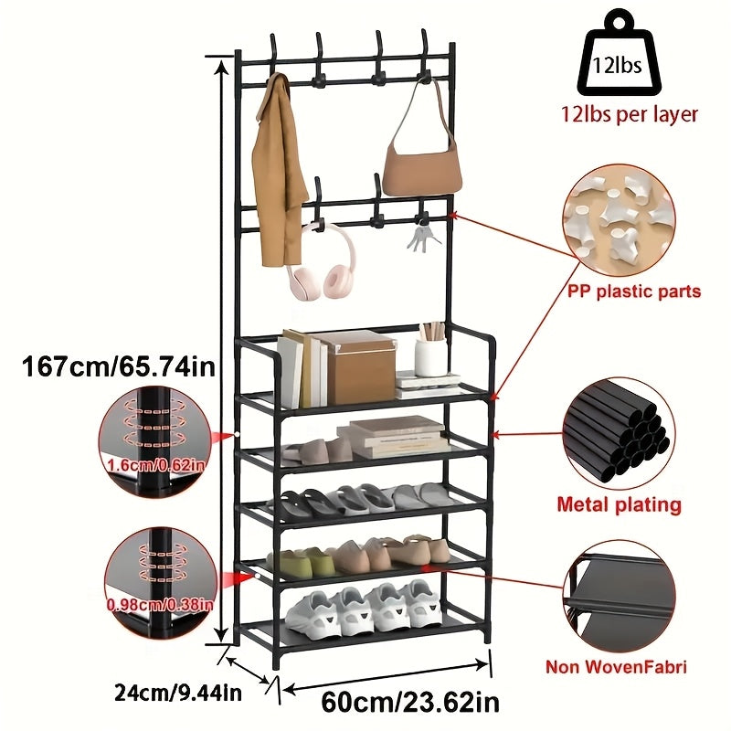 Porte-chaussures de Rangement - Porte-manteau Gain de Place, Porte-chaussures à 5 Niveaux avec 8 Crochets, Structure Robuste en Métal/Plastique Doré, Conception Autoportante ou Murale pour Maison, Bureau et Magasin - Convient pour Ranger Chaussures, Mante