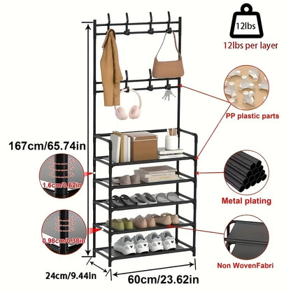 Porte-chaussures de Rangement - Porte-manteau Gain de Place, Porte-chaussures à 5 Niveaux avec 8 Crochets, Structure Robuste en Métal/Plastique Doré, Conception Autoportante ou Murale pour Maison, Bureau et Magasin - Convient pour Ranger Chaussures, Mante