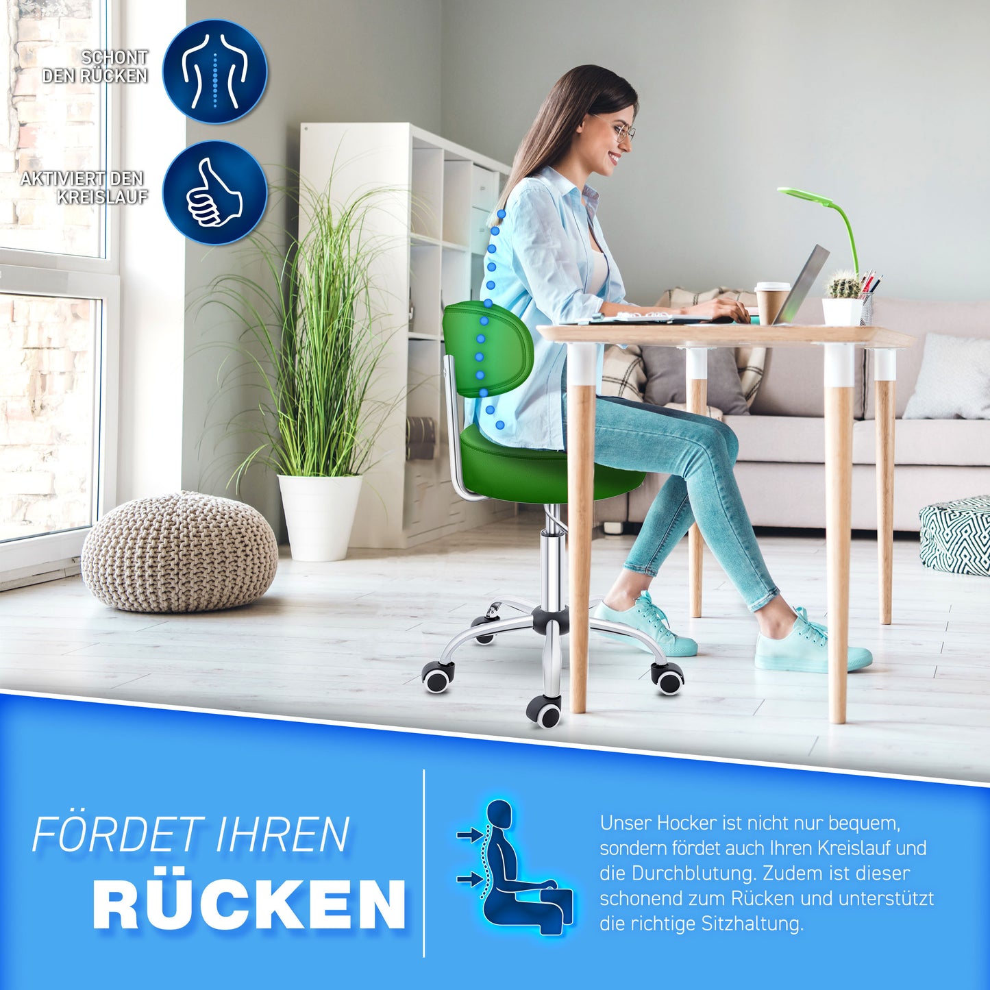 Tabouret Escalier TRESKO® avec Dossier 150 Kg | Tabouret de Travail Réglable en Hauteur 47-60 Cm | Tabouret Pivotant avec Roulettes | Tabouret Chaise de Bureau Chaise Pivotante
