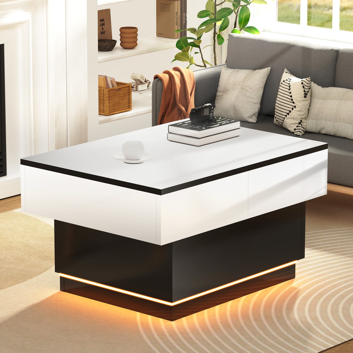 Table basse blanche, table de salon, table d'appoint avec 2 étagères de rangement, 80x58x40 cm, plateau extensible avec bande lumineuse RVB, meuble moderne pour salon, salle de conférence