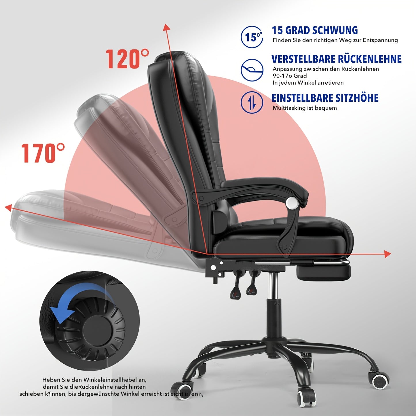 Chaise de bureau exécutive avec repose-pieds et support lombaire, chaise ergonomique inclinable pour ordinateur, dossier réglable, robuste, pivotante à 360° pour bureau à domicile (Noir)