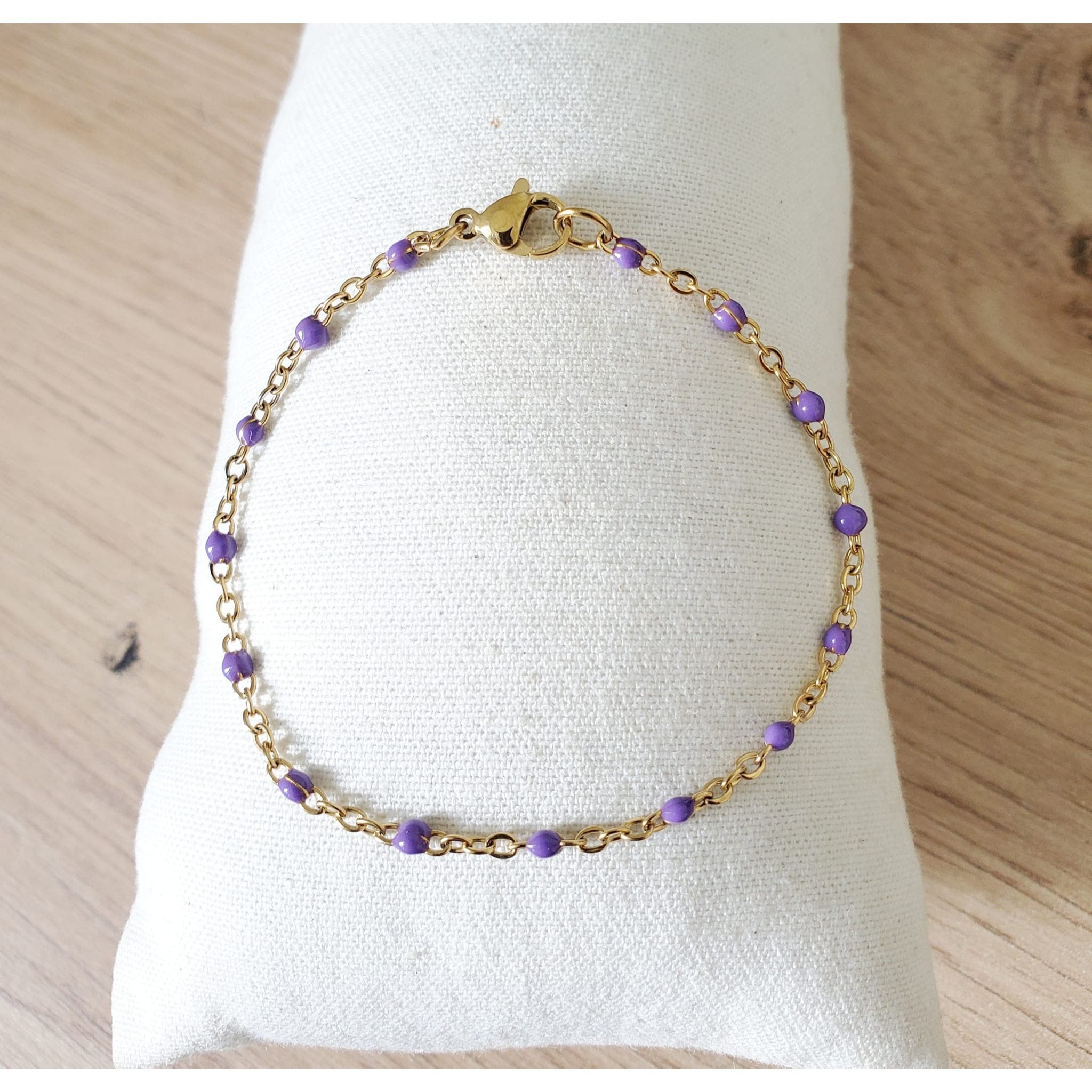 Bracelet perles d'email chaine acier inoxydable couleur or artisanal fait main