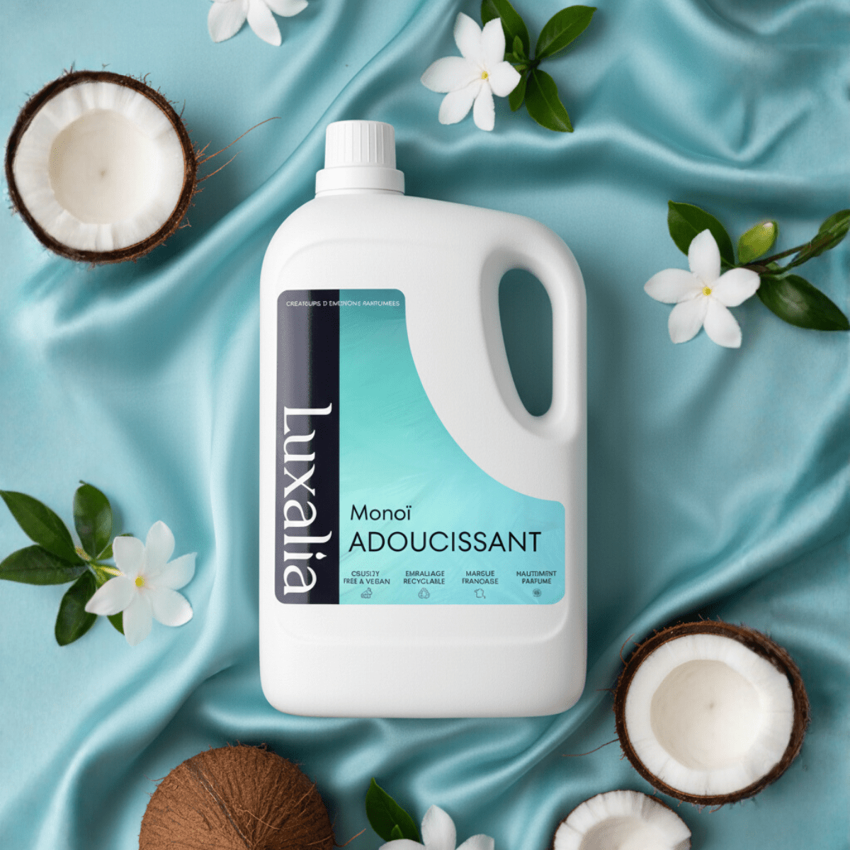 Adoucissant Monoï - Hautement Parfumé - Parfum Envoûtant, Durable & Intense - 250 Lavages 5 Litres - LUXALIA - Assouplissant pour Lessive / Linge.