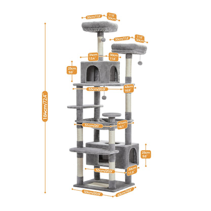 PAWZ Road Grand Arbre et  de 184 cm pour Chats d'Intérieur - avec Poteaux à Griffer en Sisal, Perchoirs Rembourrés, Condos et Panier
