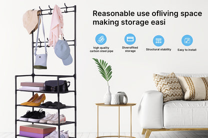 Porte-Chaussures Économiseur d'Espace - Porte-Manteau à 5 Niveaux avec 8 Crochets, Structure Solide en Métal Doré/Plastique, Design Autoportant ou Mural pour Maison, Bureau et Magasin - Idéal pour Ranger Chaussures, Manteaux, Chapeaux, etc., Cadeau d'Hall