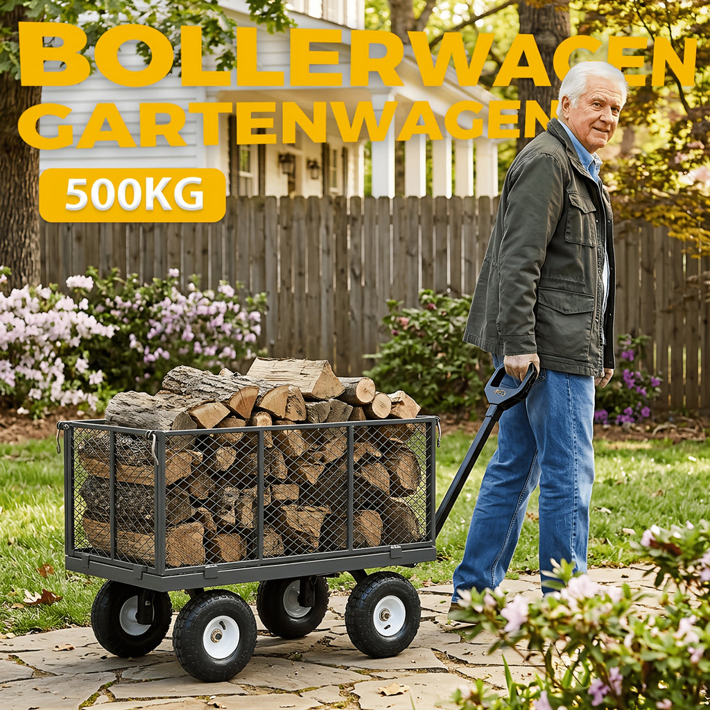 Chariot de jardin et plateau roulant Titan authentique et robuste, capacité de charge 500 kg/300 kg, chariot convertible 3-en-1 et plateau roulant, poignée ergonomique brevetée, pneus en caoutchouc à air, robuste et antirouille, capacité de 200 L, gris