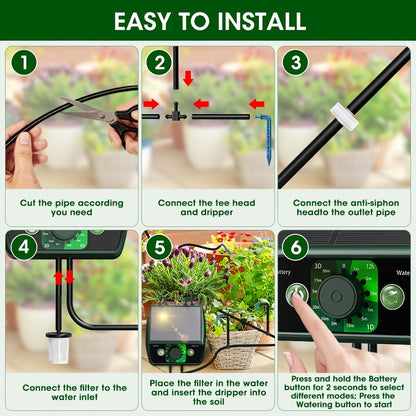 Kit pour système d'irrigation goutte à goutte automatique alimenté par énergie solaire, comprenant un équipement solaire de 1,1 W pour le jardinage extérieur et intérieur. Il comprend 12 modes de temporisation et est idéal pour les jardins, les serres et