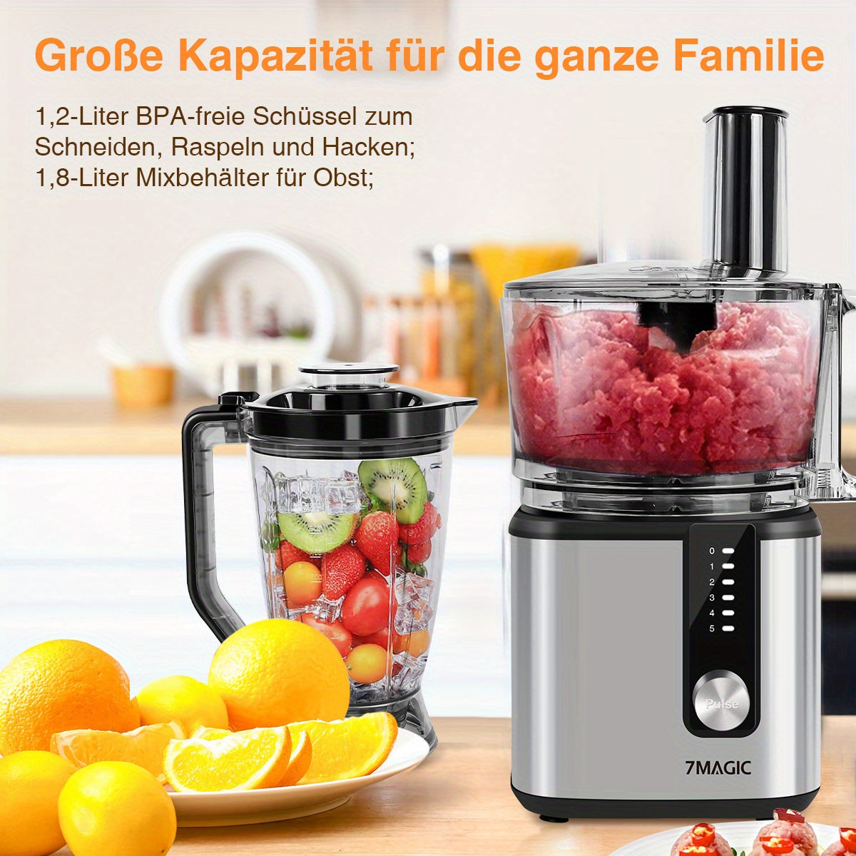 Robot culinaire 11 en 1 en acier inoxydable, robot pâtissier 750W, machine à pâte 1.8L, robot 1.2L, 5 niveaux de vitesse, avec hachage, mélange, pétrissage, broyage, fouet, extraction de jus