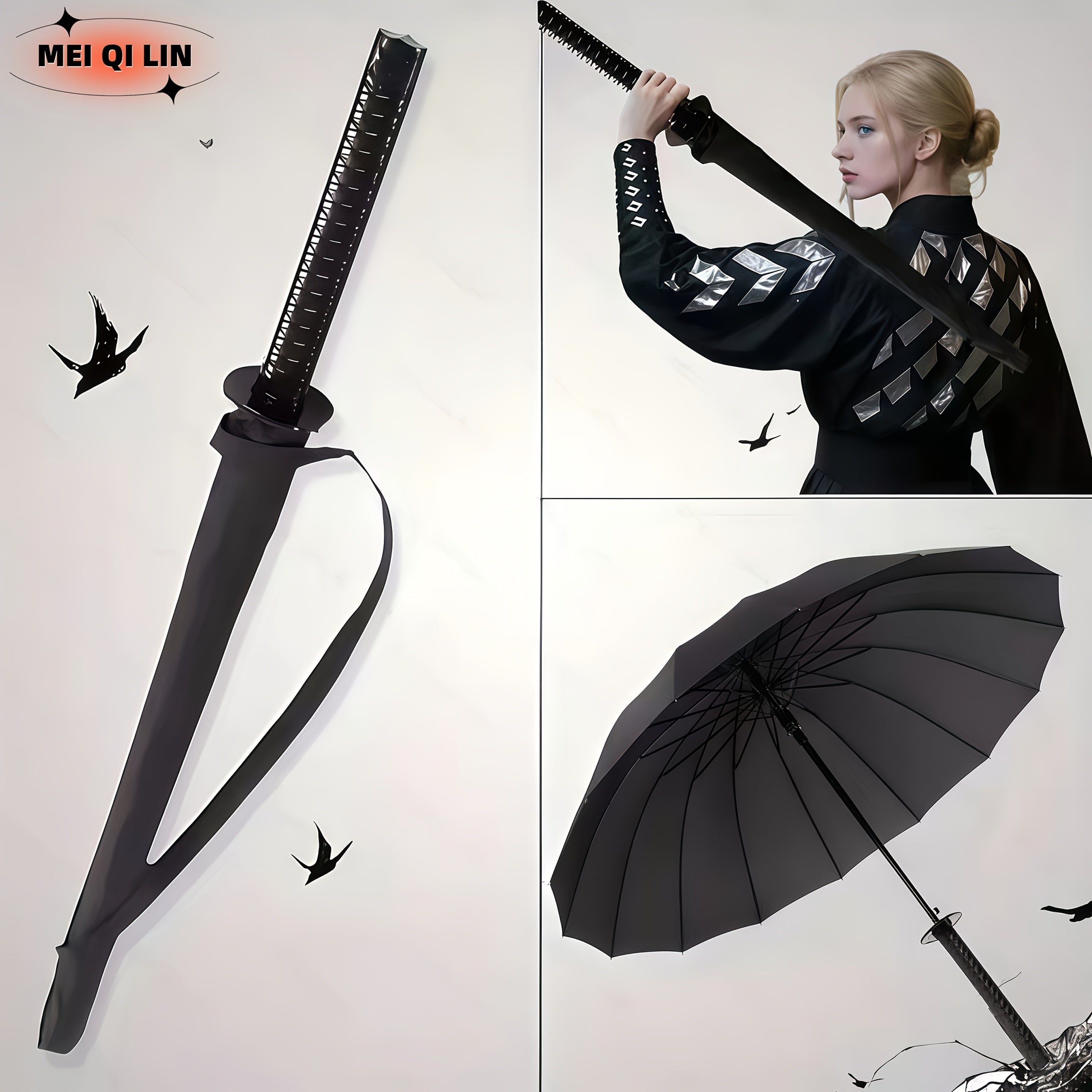 1 pièce ou 2 pièces en option, Parapluie Samouraï Ninja Semi-automatique MEI QI LIN, Le meilleur cadeau créatif (16 baleines), Parapluie à long manche robuste et durable